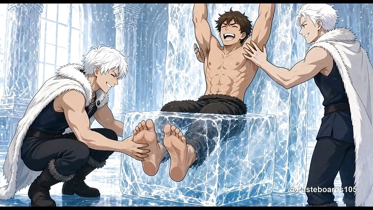 Zaleđen u zid ledenog dvorca, ledeni prinčevi ga golica po pazuhu i tabanima (2D anime)