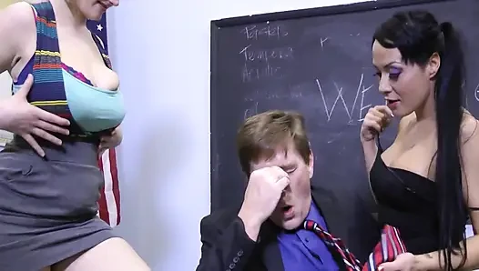 Teacher get hold back and stifle with tits by two degenerate moody students.