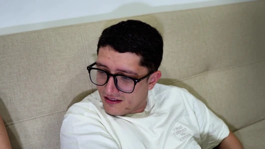 Nerdy stepbrother takes away his half-brother's rage with his huge cock, until he cums in his mouth