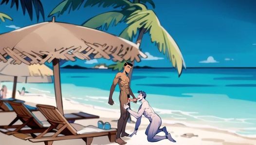 Pareja gay interracial en la playa, sexo anal hentai, animación de dibujos animados