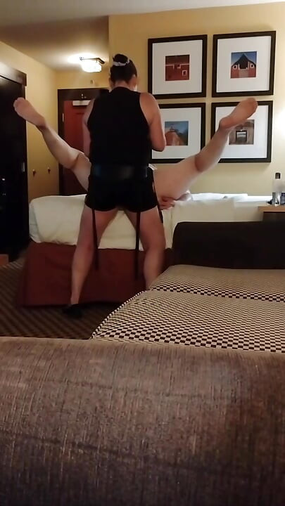 She cums over and over while fucking him with a strap on moaning loud