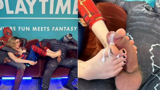 Captain Marvel Foot Fetish with Husband Watching (Spiderman) - Playtime Cosplay