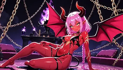 Kalın parlak siyah yağla kaplı mükemmel şehvetli vücutlara sahip çarpıcı succubus soyluları kayan palada şehvetli bir şekilde dans ediyor