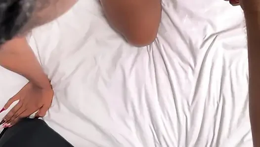 Huge cumshot on a pretty ebony girl's body - vertical POV video