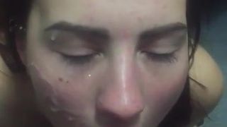 Slut sucks in the elevator and gets cum in the face