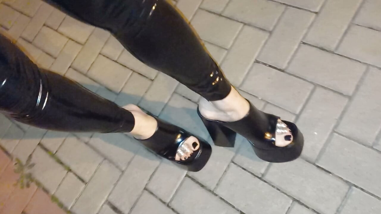 Alone at Night in Ultra-Tight Latex and Platform Mules Just to Make Men Stare and Drool