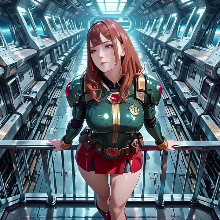 Inside the Sci-fi Train, She Wears a Tight Green Armor, Touching Her Red Lips While Gazing at the Galaxy Through the Porthole.