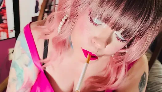 Tina Snua Is Stunning In Pink Leather & Chain Smoking - BBW OMI OME Snap Inhales Drifting Smoke