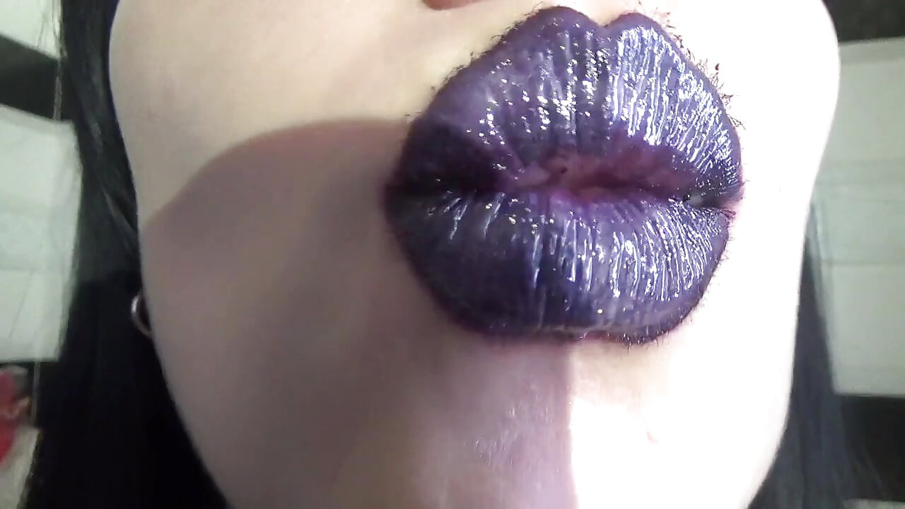 Purple glossy lips! Kissing and duck face fetishes!!