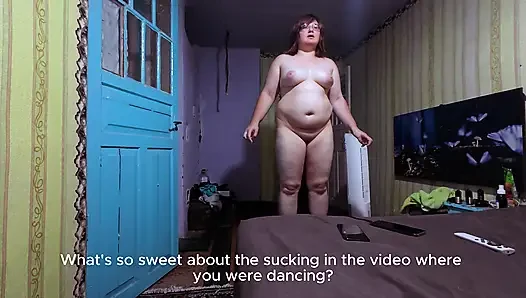 Naked Curvy Brunette on Vibration Platform Reads Comments with English Subtitles
