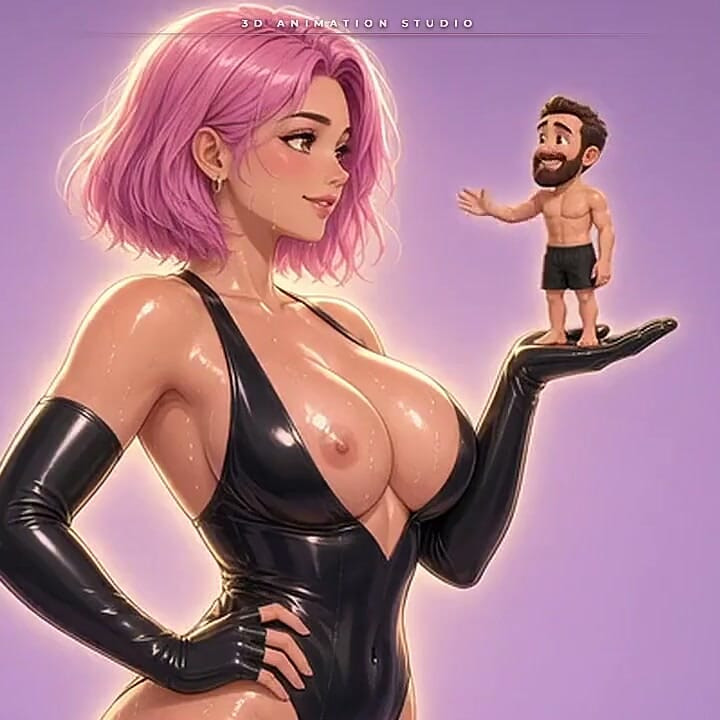Pelirroja de anime de látex giantess gotea leche en su pequeño hombre barbudo - bofetadas en el culo y gemidos