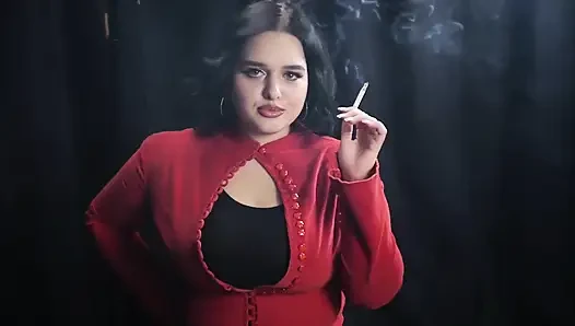 Curvy Brunette Smoking in Red Cardigan