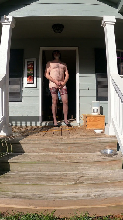 Having a wank in the early morning sun in high heels and my ex wifes stockings | Clip 1