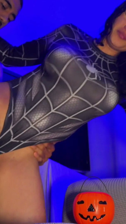 Latina dressed as Spider-Girl asks for "trick or treat," and I fill her mouth with Cum (Halloween special 2026) | Clip 1