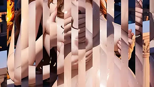 Divine Nude German Fire Enchantress Teasing Swollen Pregnant Breasts on Balcony