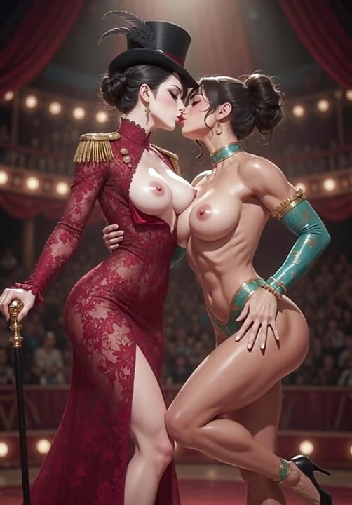 Anime circus strip ring leader clown and acrobat sexy circus show