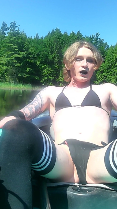 strawberry blonde goth femboy in black bikini & thigh socks, nature kayak session - solo cum in cove | Clip 2
