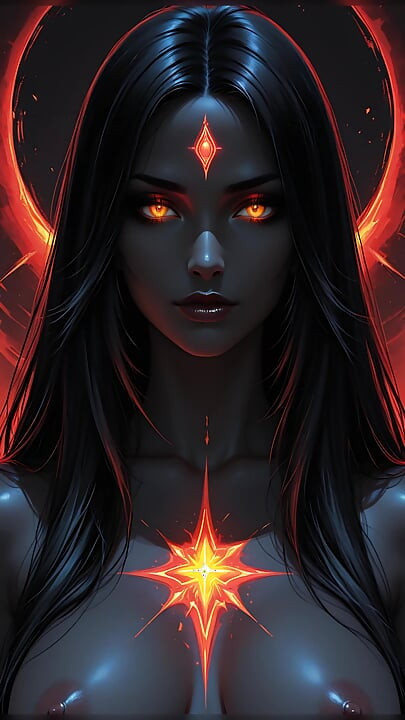 Shadow Assassin Warrior vrouw met jetzwart haar en Amber Eyes donkere fantasieportret Ai Art diavoorstelling