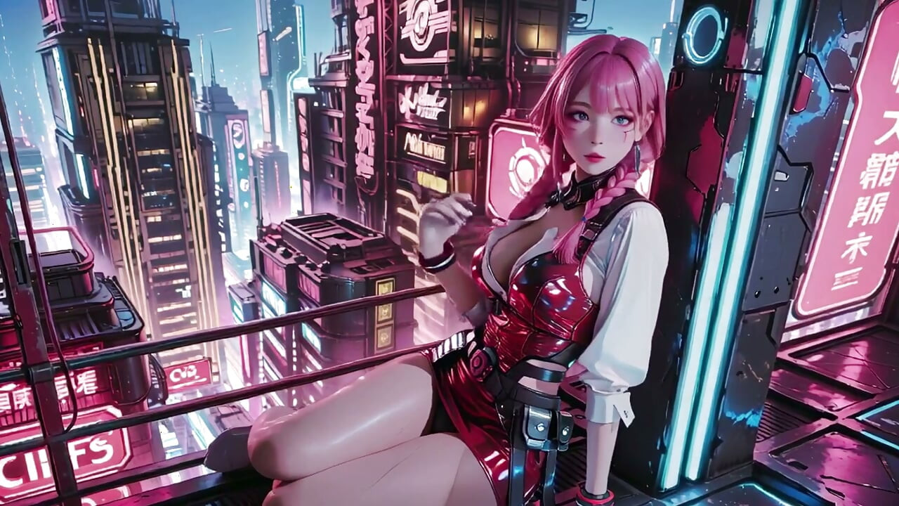 Pink-haired Mech Warrior! Kniet in Neon-Strassen, Roter Rosen- & Kaltpanzer-Kontrast, Fingerspitzen, die Schlüsselbeine nachzeichnen.