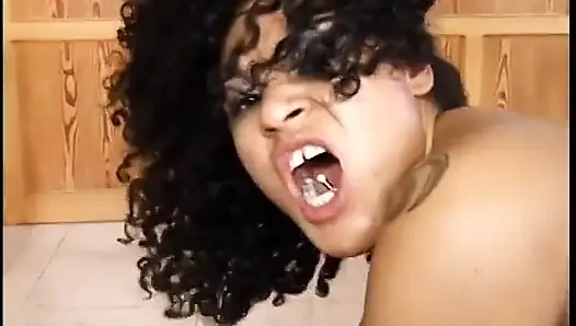 Ebony honey with black curly hair fucks two hot cocks by bar