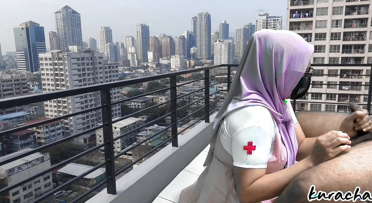 Hijab Cheating Nurse Step Sister blowjob at hospital Balcony