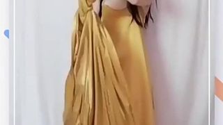 Masturbating and Peeing with Gold Satin Long Nightgown