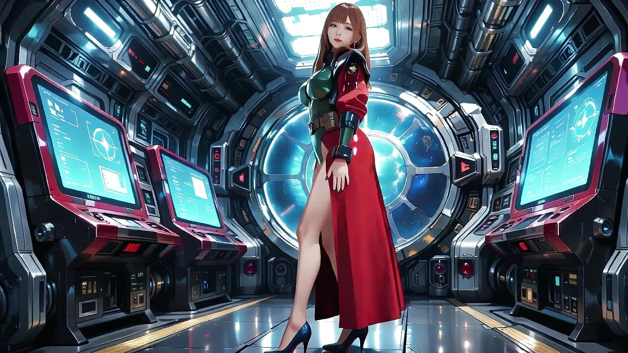 Inside the Sci-Fi Train, she wears a tight green armor, touching her red lips while gazing at the galaxy through the porthole.