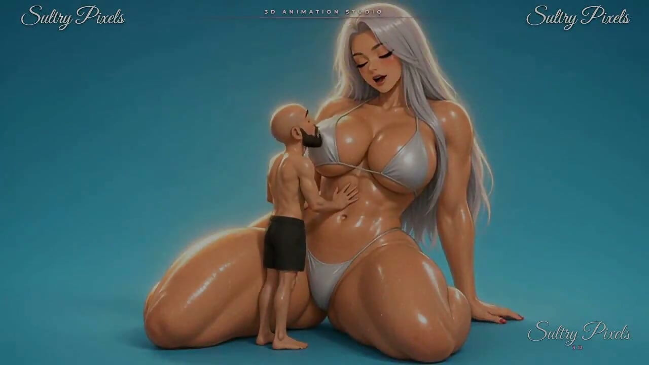 Géante anime à genoux rebondit pendant que son homme minuscule embrasse son ventre huilé