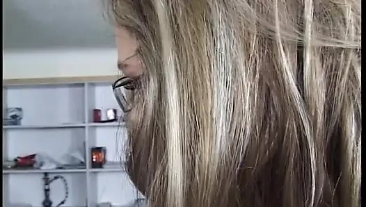 Sensual blonde in sexy stockings and glasses wildly banged like a bitch