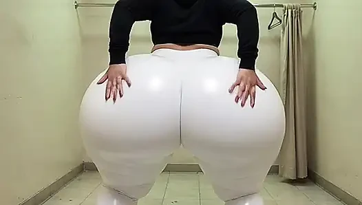 Big Ass Aunt Trying Tight White Leggings in Fitting Room