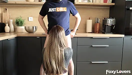 Amateur Couple Kitchen Fuck While Cooking - Blowjob, Doggy on Counter & Cum on Belly