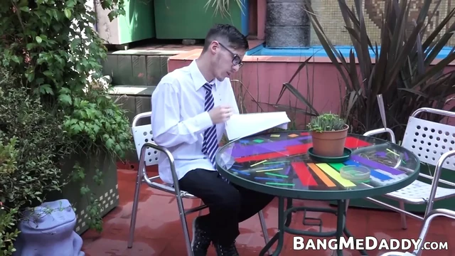 Geeky twink has his dick sucked before pounding mature gay