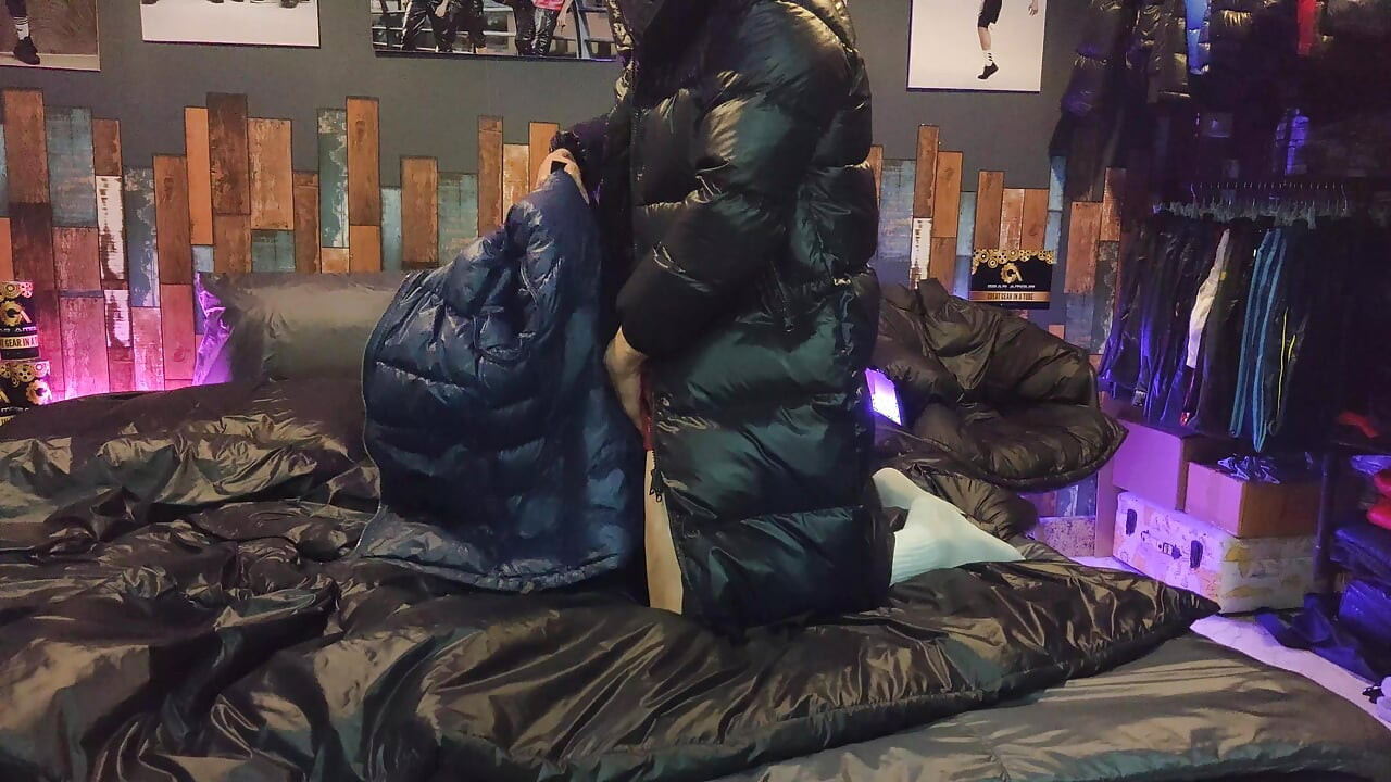 Cock Rubbing Down Jacket on Shiny Nylon Bed