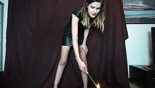Mistress punishing his cock and body witn a wax