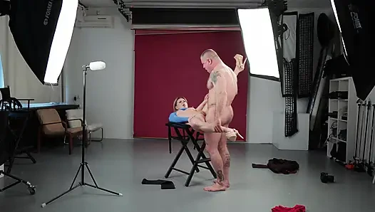 Studio Secrets, Elegant Blonde Model Breeded on Director's Chair, Pro Studio Creampie