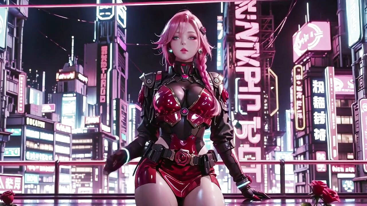 Pink-haired Mech Warrior! Kneeling in Neon Streets, Red Rose & Cold Armor Contrast, Fingertips tracing collarbones.