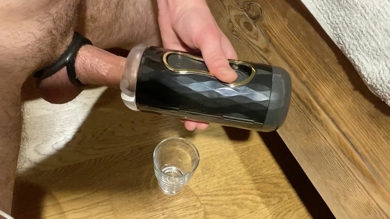 filling a glass with cum (part 3 of 3) – double cock ring moaning cumshot