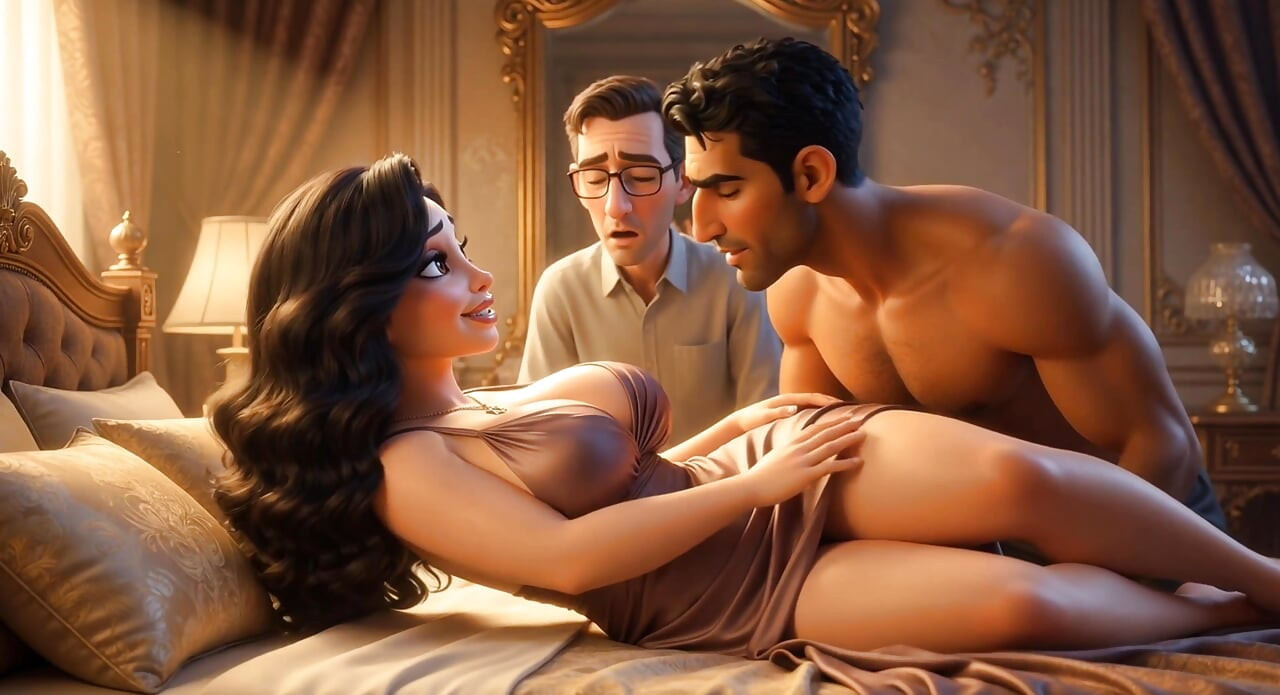 A Muslim man and a Jewish wife, with her cuckold  Christian husband watching her being fucked.