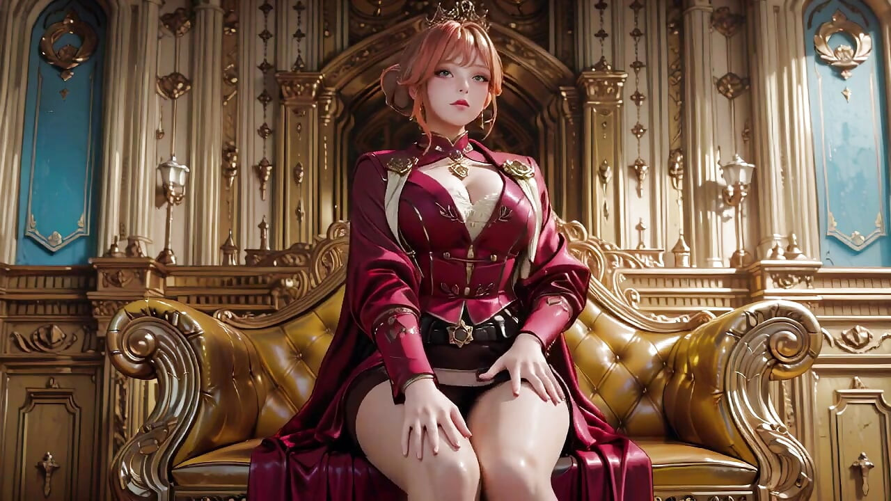 Red Queen on the Golden Throne! Deep velvet gown, lazy chin rest, and a gaze that locks onto you.