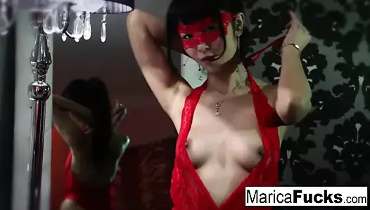 Japanese babe Marica masturbates in front of a mirror