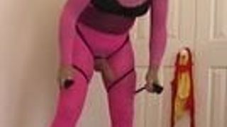 hot pink pantyhose encasement, tan cock sheath 