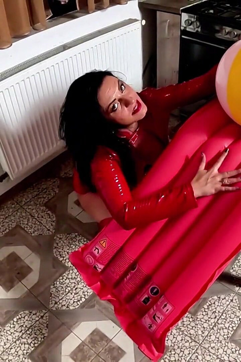 Dominant Red Pvc MILF Inflatable Mattress Fetish. Giant Beach Balls, POV Sex, Double Cum and Popping