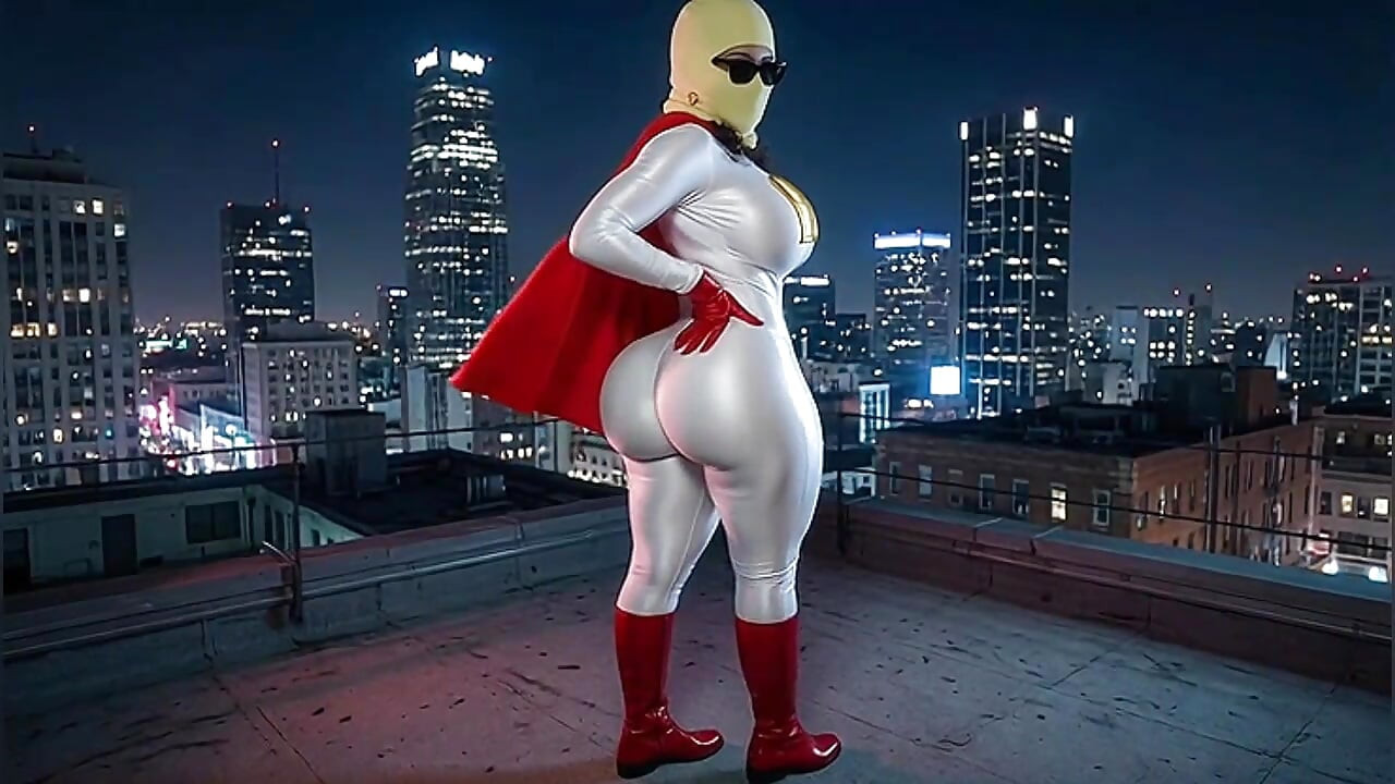 Sitna superherojka sa velikim dupetom u belom i crvenom pokazuje svoje ogromno dupe