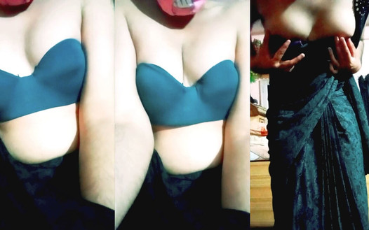 Indian Gay Crossdresser Gaurisissy Pressing Her Big Boobs in Balck Saree XXX Sex