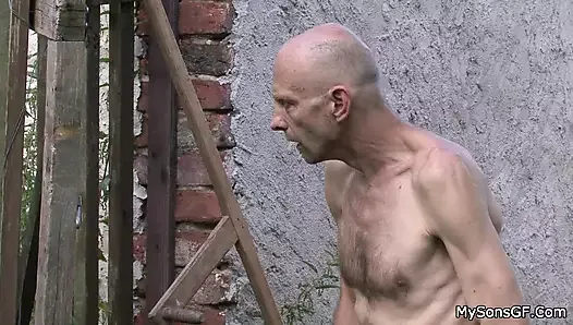 Old man getting busted pleasing sons gf outdoors