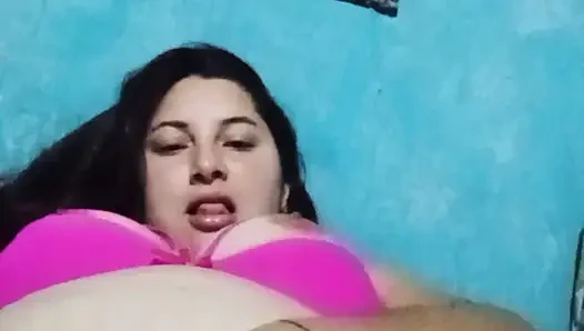 Chubby Latina with big tits chews her rich wet pussy
