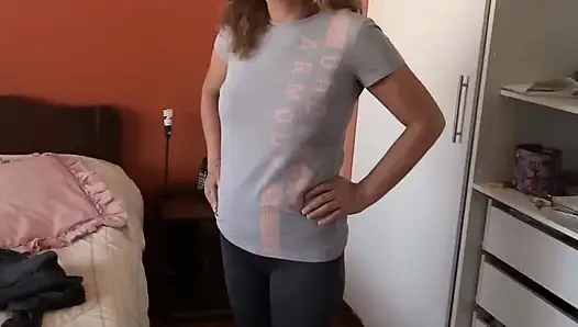 Mature 58-year-old Latina shows off very excited in front of her stepson's friends, she asks them to show her their cocks