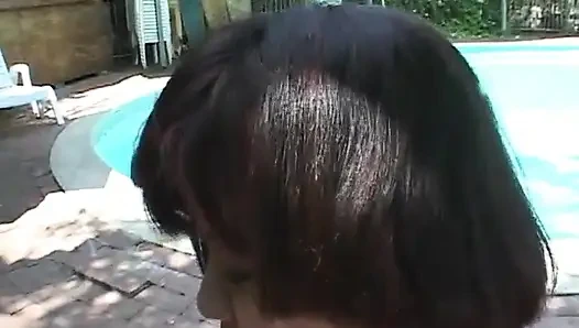 Midget gets banged hard after sucking dick by the pool