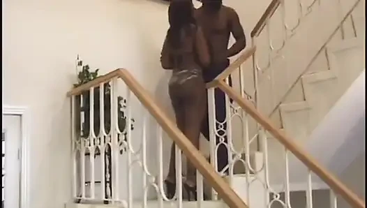Babe rides a cock after she gave a wet blowy on the stairs