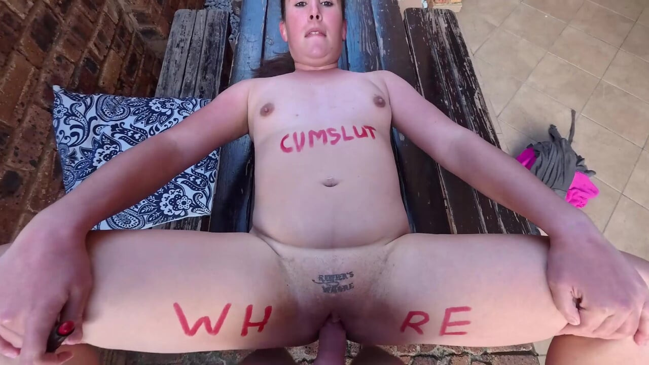 CHUBBY SLUT with SMALL TITS gets a CREAMPIE outdoors with BODY WRITING